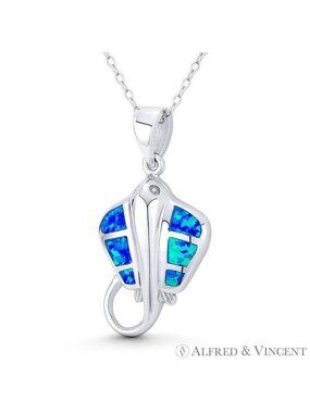 Stingray Ocean Sealife Charm Created Opal Pendant in .925 Sterling Silver